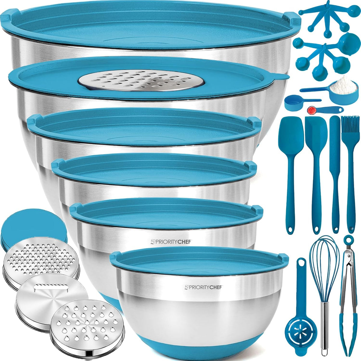 Priority Chef Stainless Steel Mixing Bowls with Lids Set - Premium 30Pcs with 6pc Metal Bowl Set for Kitchen, 3 Graters, Airtight Lids, Non-Slip Bases & Silicone Utensils, Turquoise