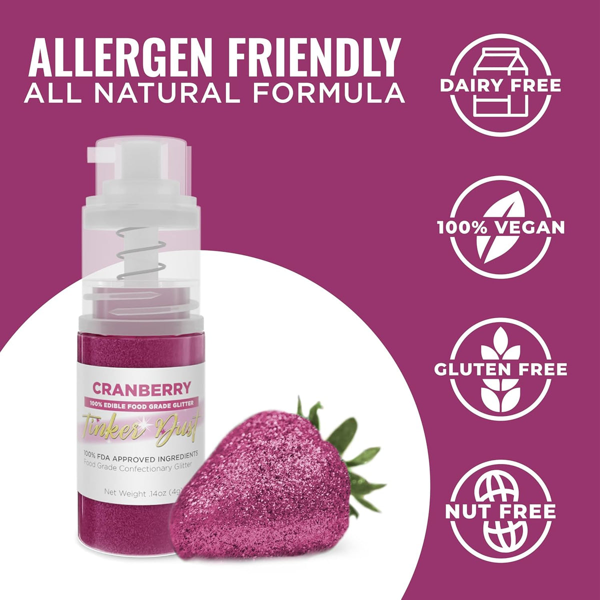 Bakell - Cranberry Tinker Dust (4g, 1x Mini Spray Pump) Edible Glitter for Food, Desserts, and Beverages!