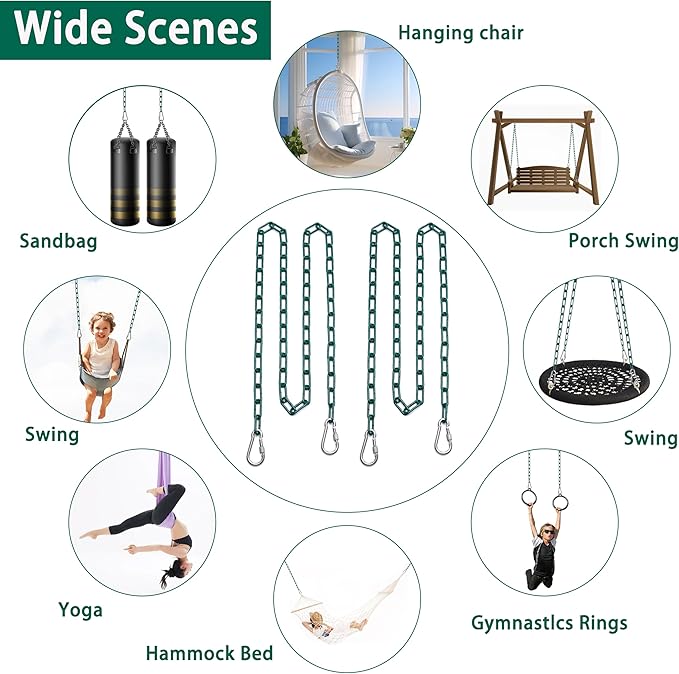 2 Swing Chains Heavy Duty (63") Fully Plastic Coated with 4 Free Quick Links Anti-Rust Iron Link Chains for Playground Kids Tree Swing Seat Accessories and Replacement