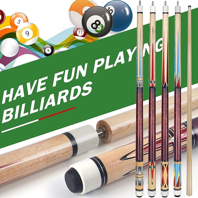 AKLOT Pool Cues,Set of 4 Pool 58" Cue Sticks Canadian Maple Wood Cue Stick for Professional Billiard Players 18 19 20 21 oz