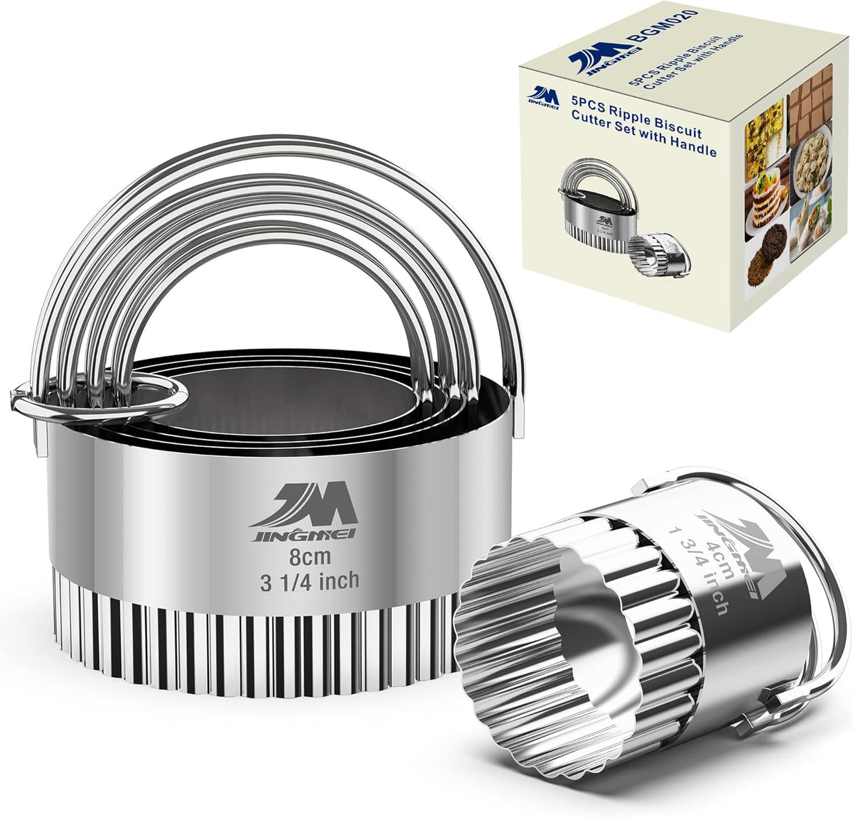 Fluted cookie cutter Set 1.75inch 2inch 2.25inch 2.75inch 3.25inch, Stainless Steel Round Biscuit Cutters with Handle, Wave Cookies Cutter with Fluted Edge, Baking Dough Tools, 5pcs GIFT