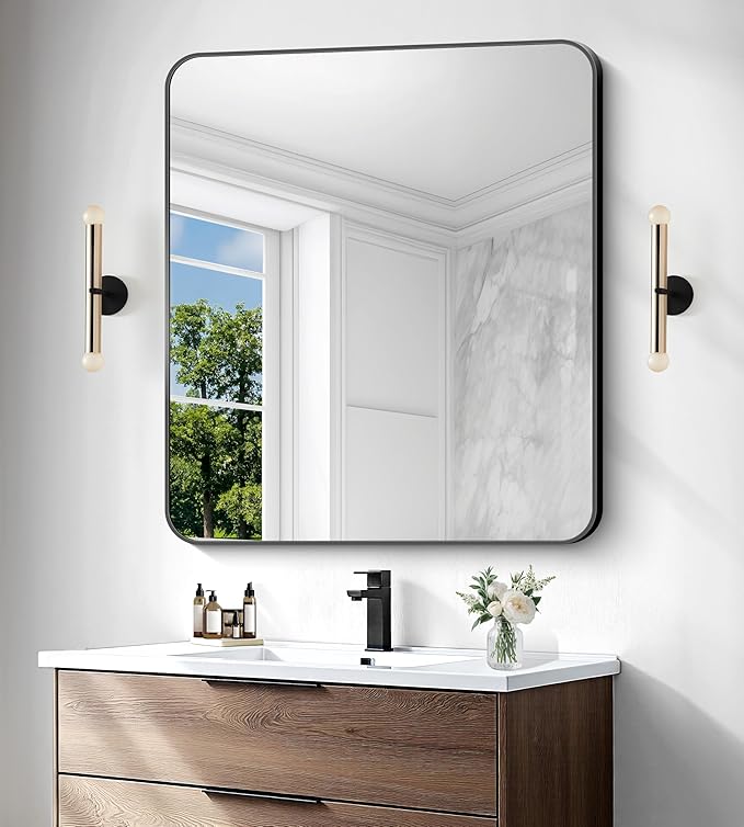 36x40 inch Bathroom Mirror,Black Rectangle Mirror,Wall Mounted Bathroom Frame Vanity Mirror with Round Corner for Bedroom Living Room,Entryway Hangs Horizontal or Vertical