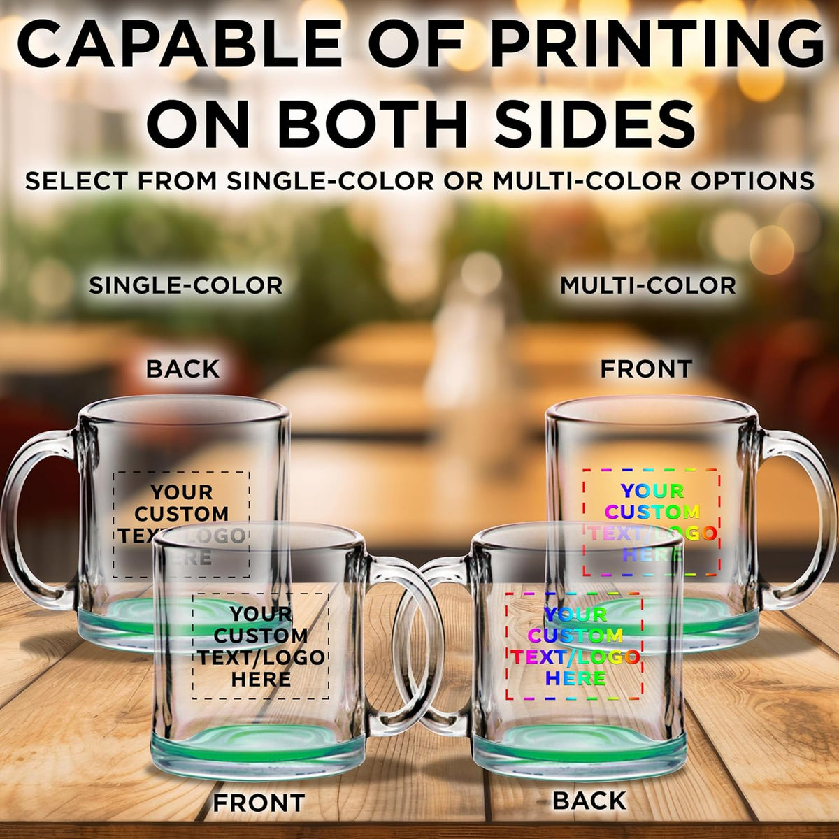 Custom Libbey Clear Glass Coffee Mugs 13 oz. Set of 50, Personalized Bulk Pack - Perfect for Coffee, Tea, Espresso, Hot Cocoa, Other Beverages - Green Bottom