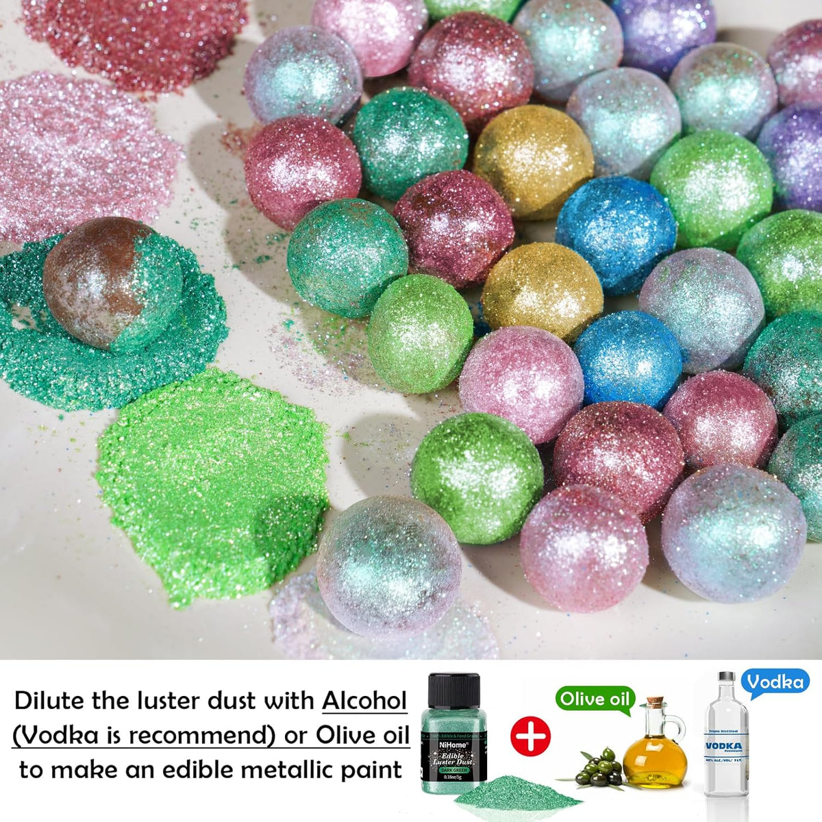 NiHome Edible Food-Grade Glitter Powder Glimmer Luster Dust Metallic Fancy Food Decorating Sprinkle Glimmery Dust for Drink Wine Beverage Cake Bakery Vegan Allergen-Free (Dark Green, 0.35oz/10g)