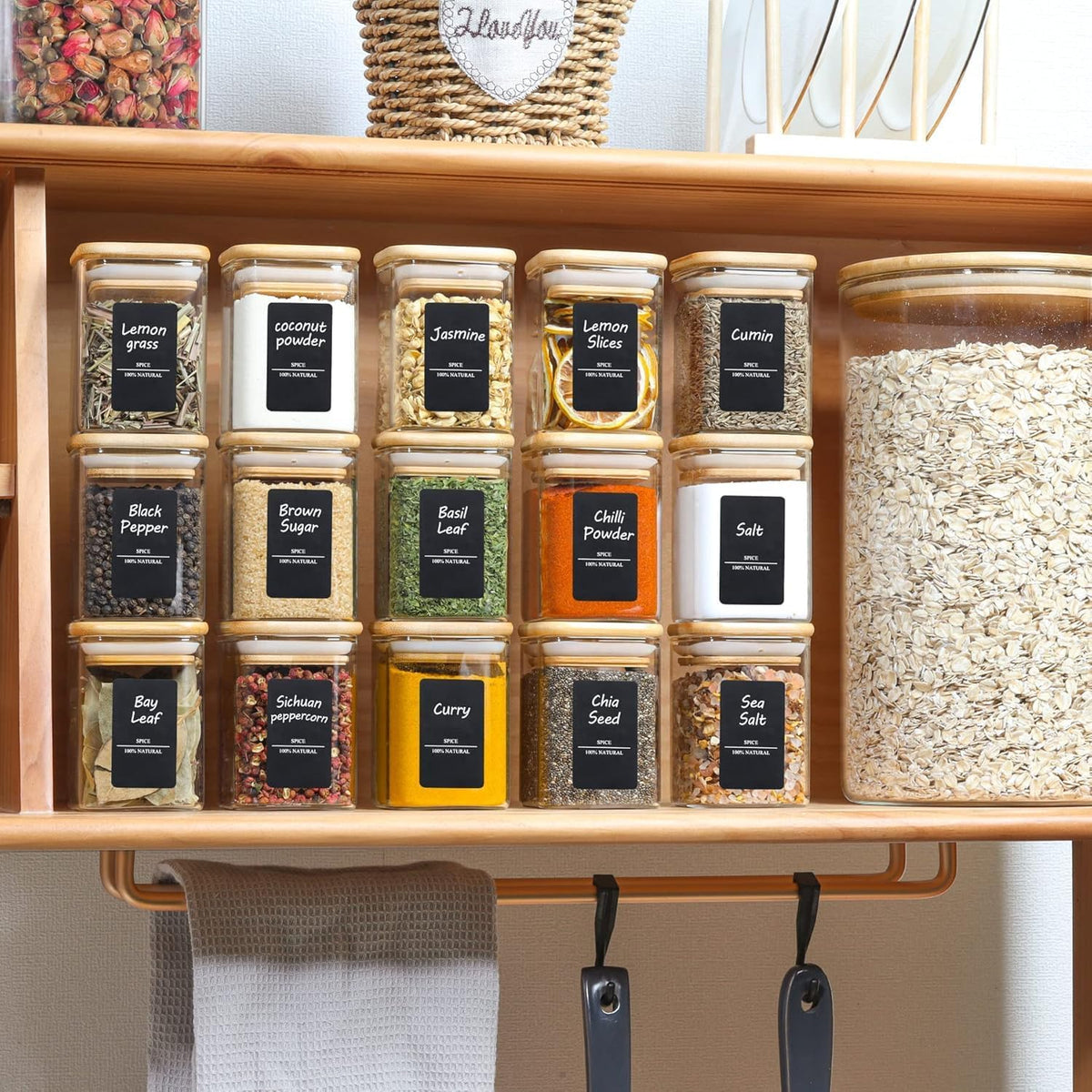 ComSaf 6Pcs 6 oz Spice Jars with Label Trial Set, Glass Spice Jars with Bamboo Lids Supplementary Set, Seasoning Container Trial Pack, Perfect for Ktichen Starter