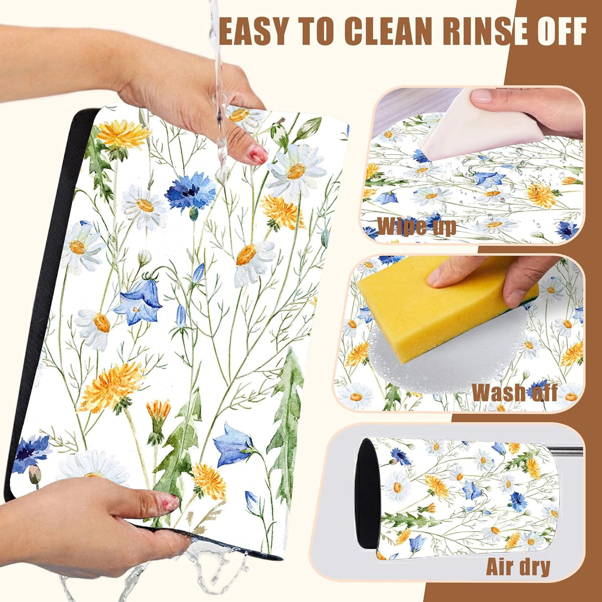 Watercolor Wildflower Dish Drying Mat for Kitchen Counter Coffee Mat Hide Stain Absorbent Rubber Backed Drying Rack Pad Espresso Machine Coffee Bar Accessories 15.7 x 23.6 Inch