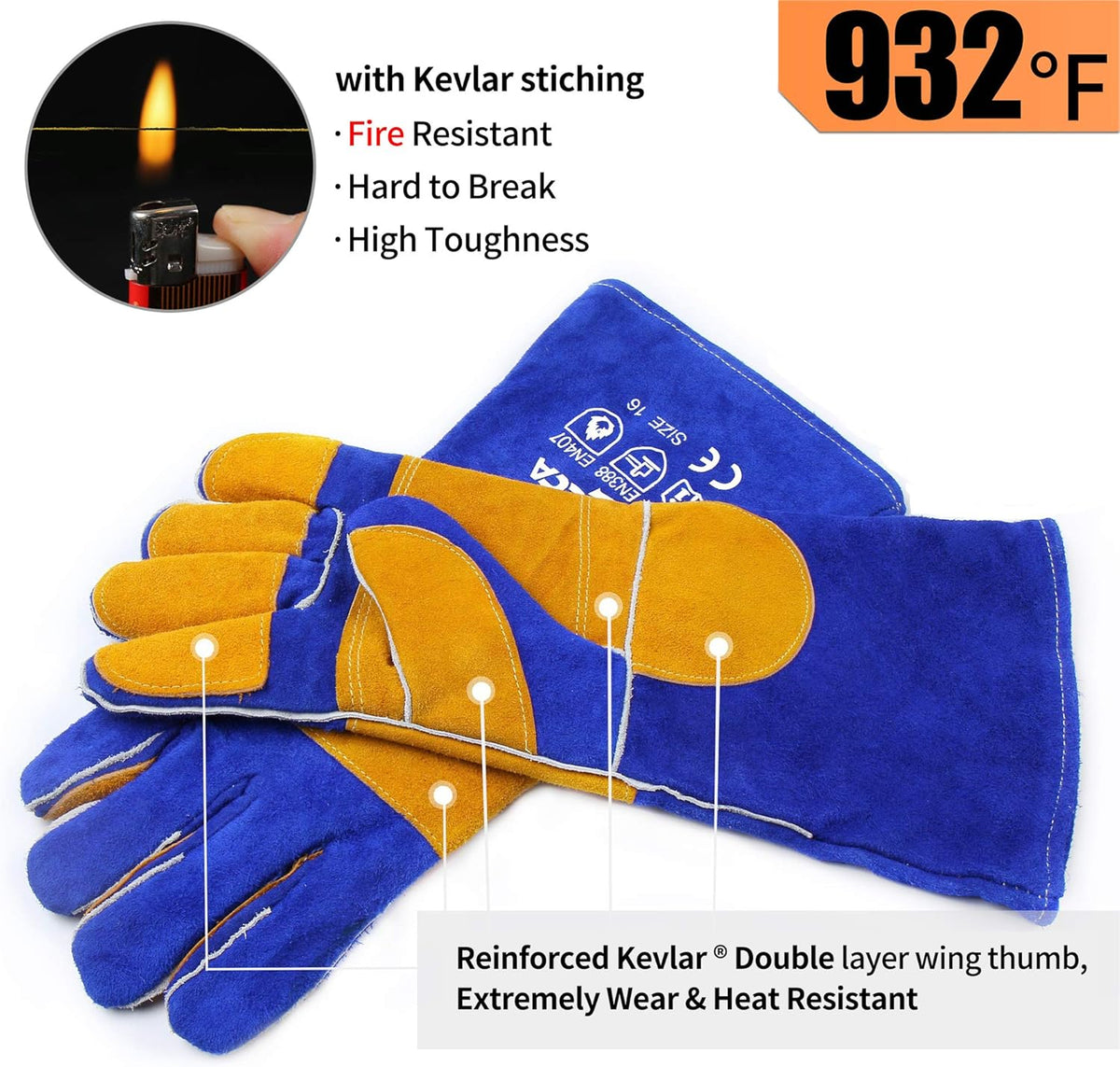 Welding Gloves Fire Heat Resistant: Blue 16IN 932℉ - Fireproof Leather For Stick Mig Flux-Core Welder Forge Blacksmith Fireplace Wood Stove Fire Pit Grill Oven Furnace Handling Dry Ice - Birthday Gift