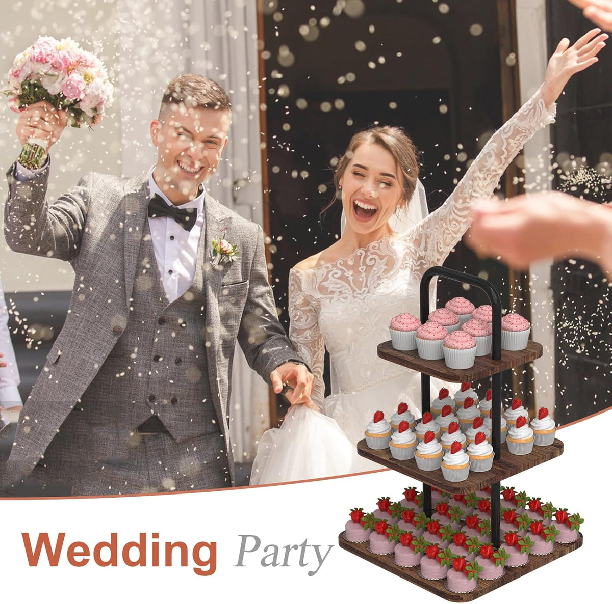 Cupcake Stand, 3-Tier Dessert Stand for 32 Cupcakes, Wood & Metal Tower Display Premium Holder Dessert Tree Tower for Wedding Graduation Birthday Christmas Party, Serving Tray