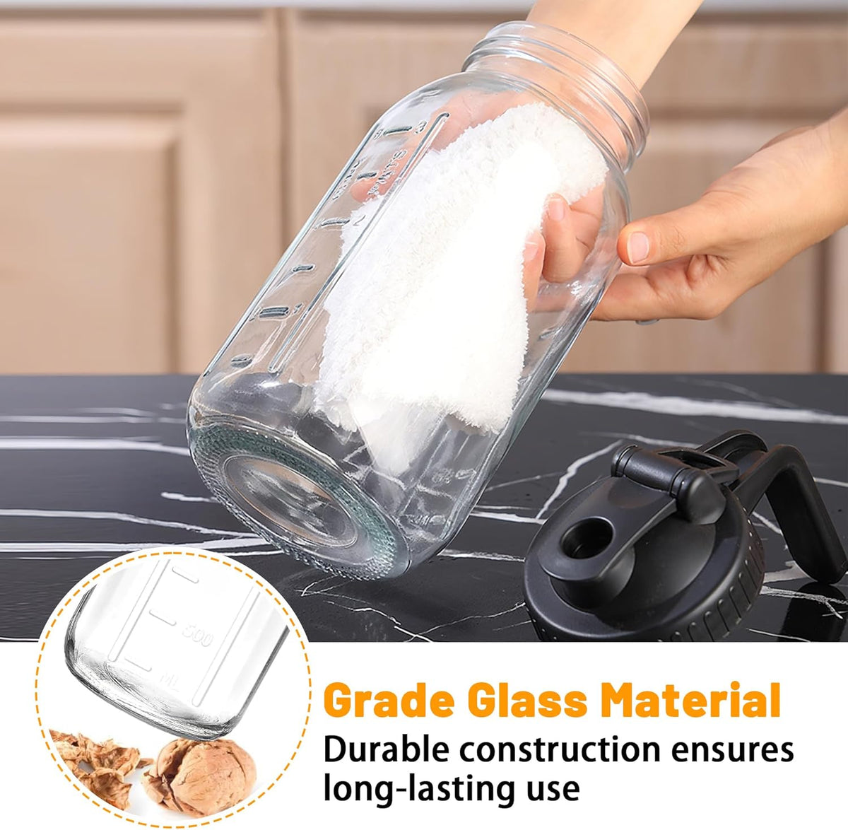 64oz Glass Pitcher with Lid-2 Quart, Leak-Proof Wide Mouth Jar with Pouring Airtight Lid, Heavy Duty Glass Mason Jar Pitcher, Ideal Container for Water, Juice, Milk and Drinks Storage
