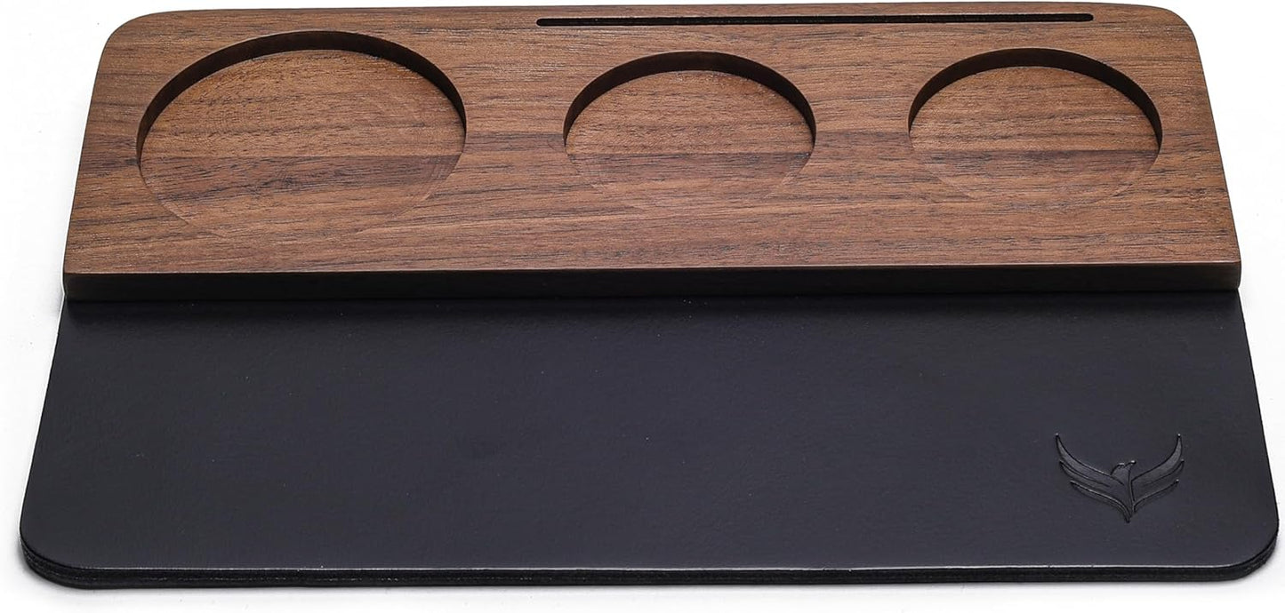 54mm Tamping Mat For Breville Espresso Machine Accessories Walnut & Leather Tamp Station Organizer with Multi-Slot Design for Espresso Tools Tamper, Distributor, Funnel & Puck Screens