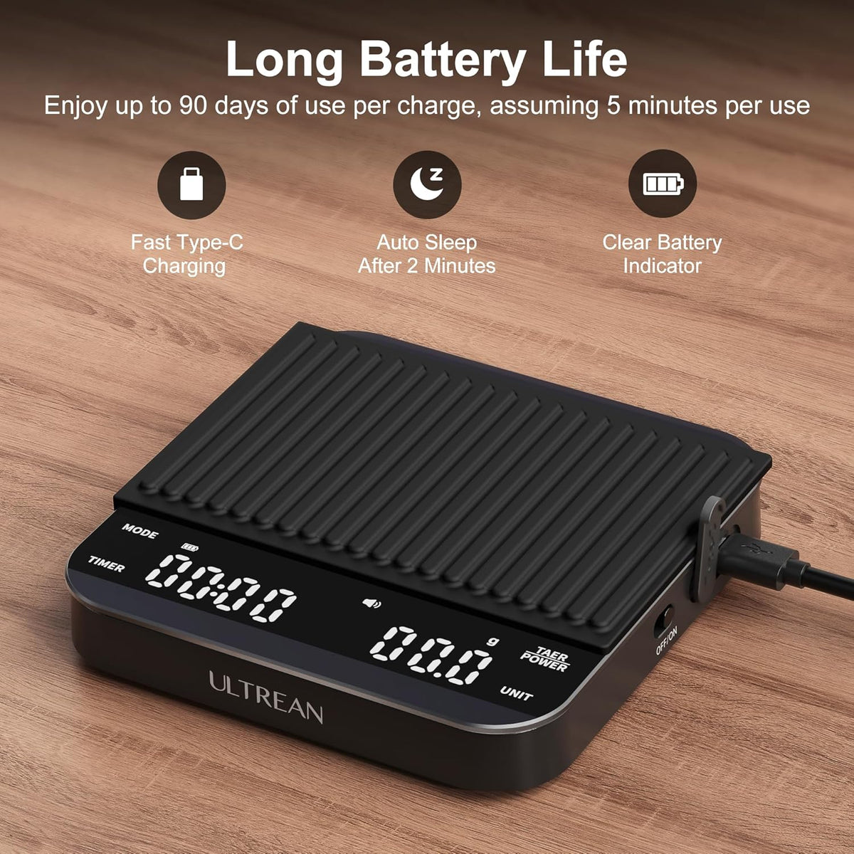 Ultrean Mini Coffee Scale with Timer, Rechargeable Espresso Scale, 2kg/0.1g Accurate Scale for Espresso and Pour-Over Coffee, Portable Digital Kitchen Scale with 3 Brewing Modes