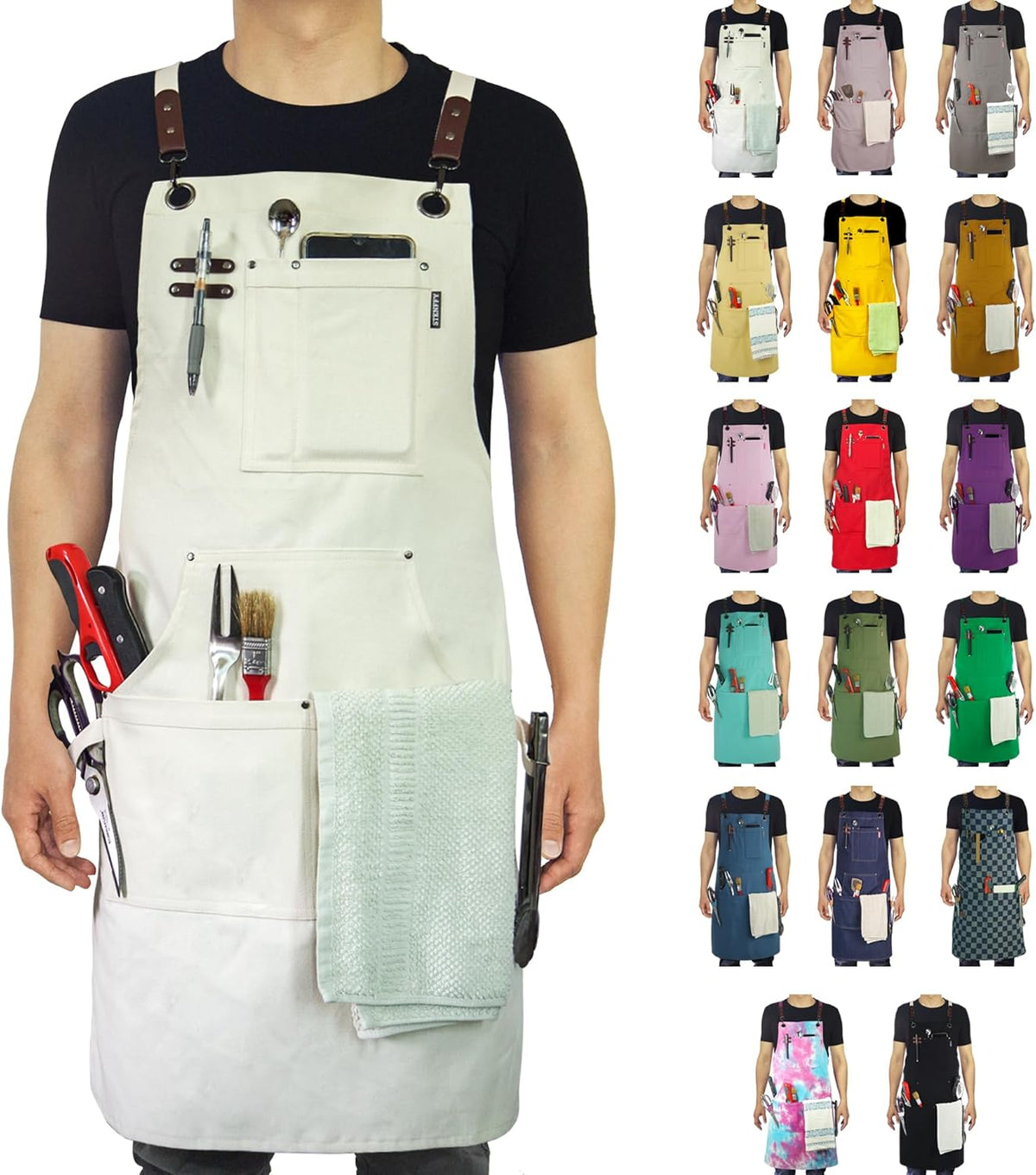 Kitchen Apron, Work Apron, Canvas, Multiple Pockets, Gardening, Painting, BBQ, Artist, Carpenter, Sizes M to XXL, White
