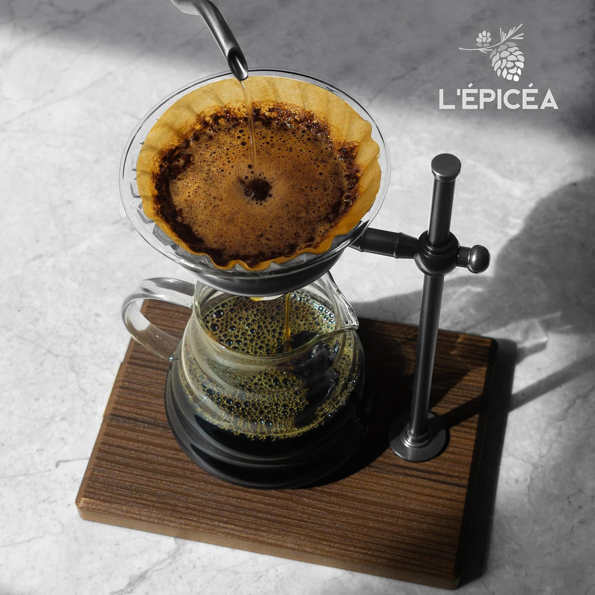 L'ÉPICÉA Pour Over Coffee Maker Set, Pour Over Coffee Maker with Stand, Adjustable Stainless Steel Stand, Wooden Base, Paper Filters, Cone Glass Carafe, Pour Over Coffee Dripper (Black)
