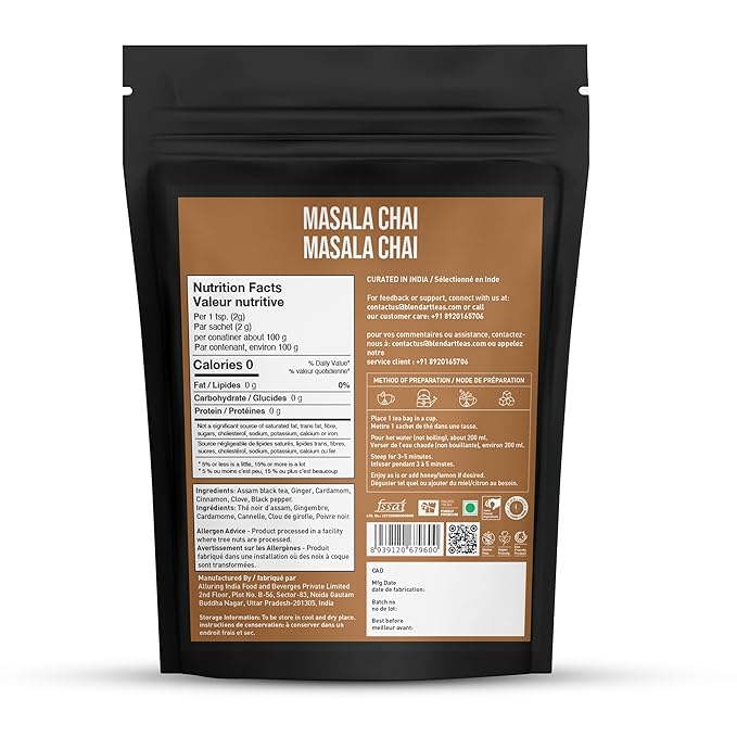 Blendart India's Original Masala Chai Tea bags 50 Count | Eco- Conscious Tea Bags | Premium Assam Black Tea | Ginger and Cardamom Flavour | Whole Loose leaf Tea bags | Indian Spiced Chai Tea Bags