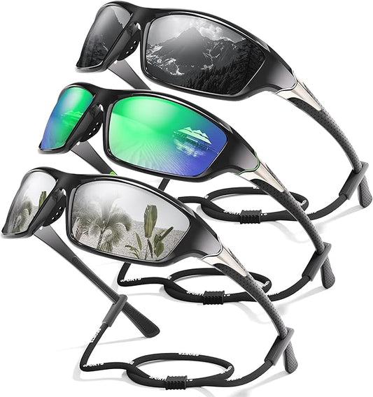 3 Pack Polarized Sports Sunglasses for Men, Mens Sunglasses Wrap Around UV400 Protection for Cycling Fishing Driving