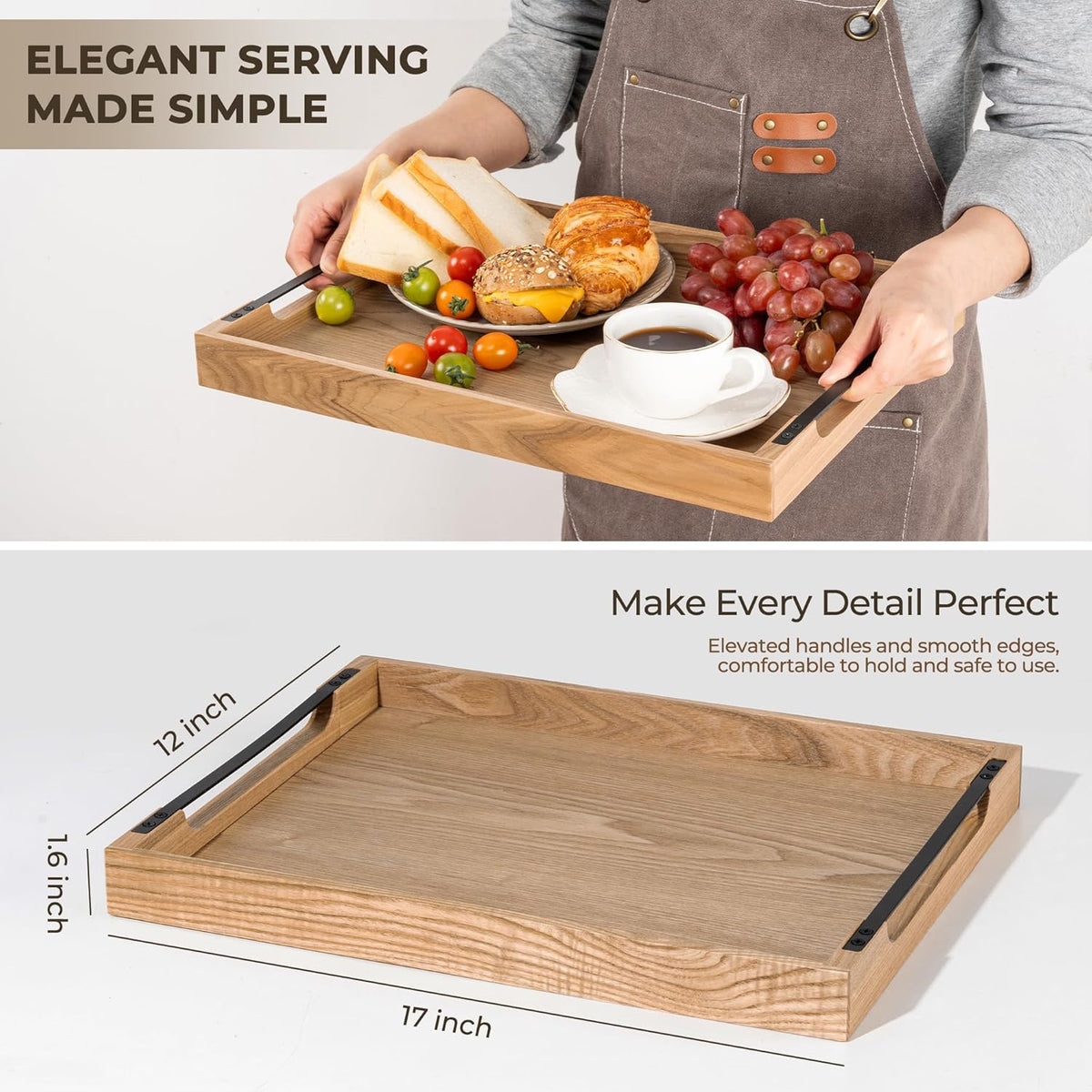Axeman Wooden Serving Tray with Metal Handles|Ottoman Tray for Breakfast, Bed, Couch|17x13in Ash Wood Coffee Table Trays|Food Drinks Decorative Storage Boards for Ottoman Kitchen, Natural