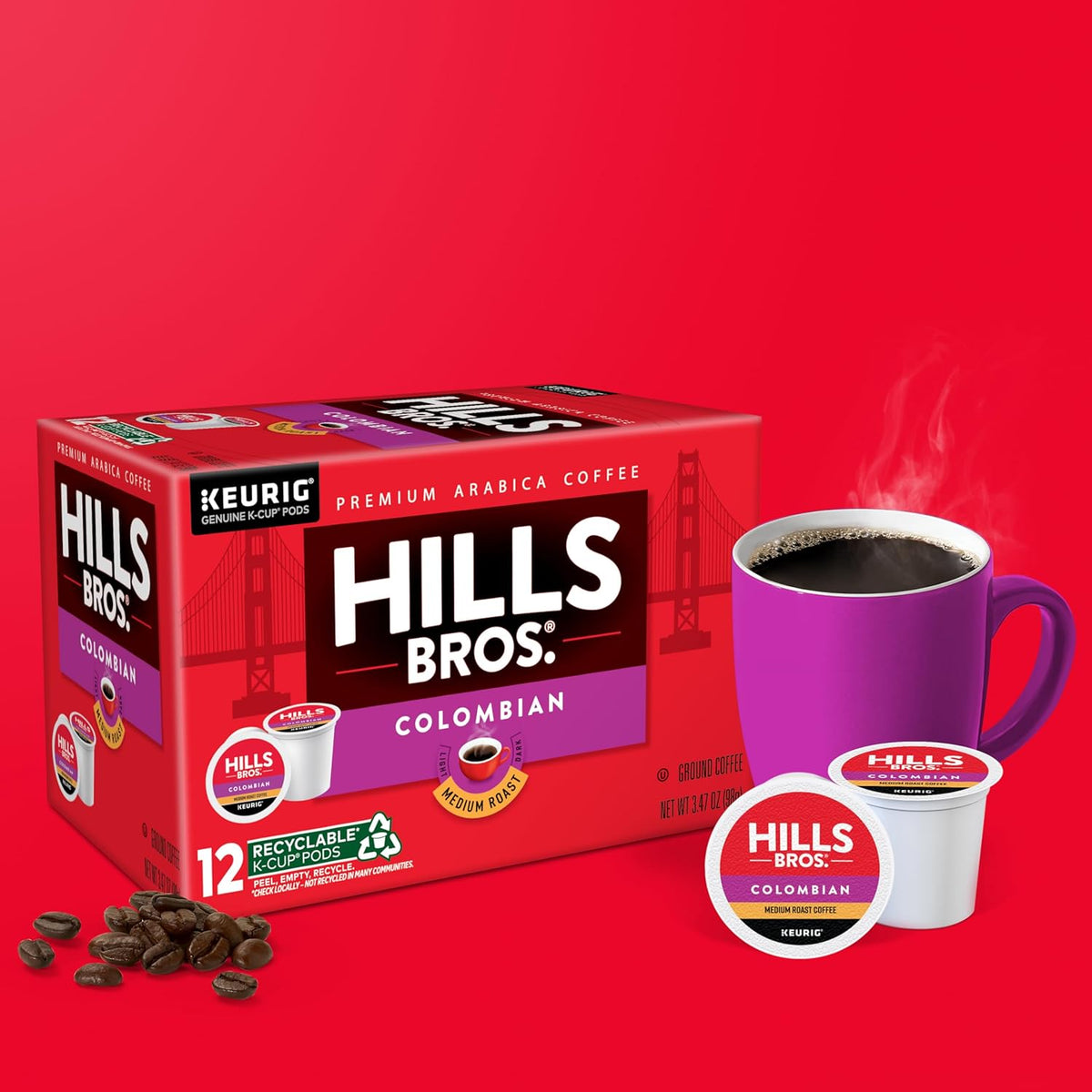 Hills Bros. Colombian Blend Keurig K-Cup Pods for Keurig Brewers – Medium Roast Premium Arabica Blend, Kosher – 1 Pack of 12 Single Serve Pods