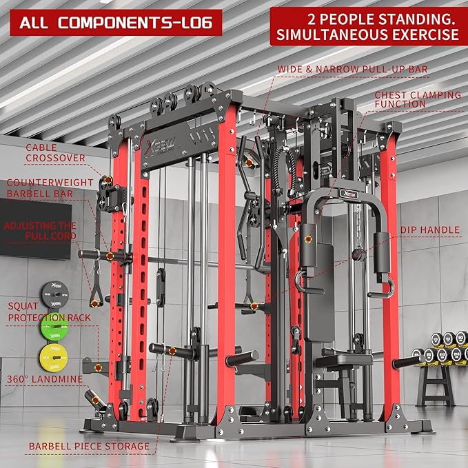 Smith Machine with Cable Crossover System, Multi-Function Power Cage Squat Rack for Home Gym, Power Rack and Packages Weight Sets.