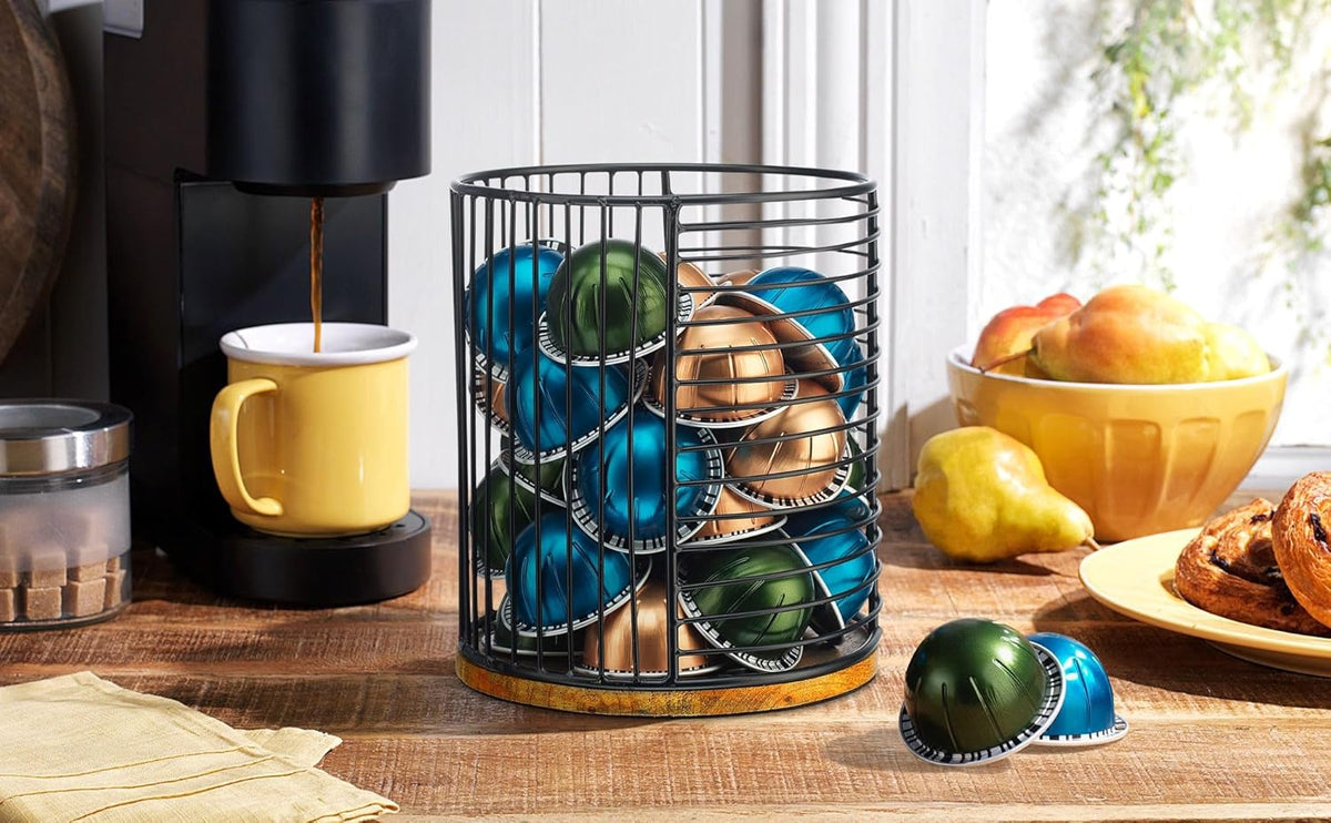 MosJos Coffee Pod Storage Holder, Metal Wire Basket with Wood Base, Countertop Coffee Capsule Organizer (89357)