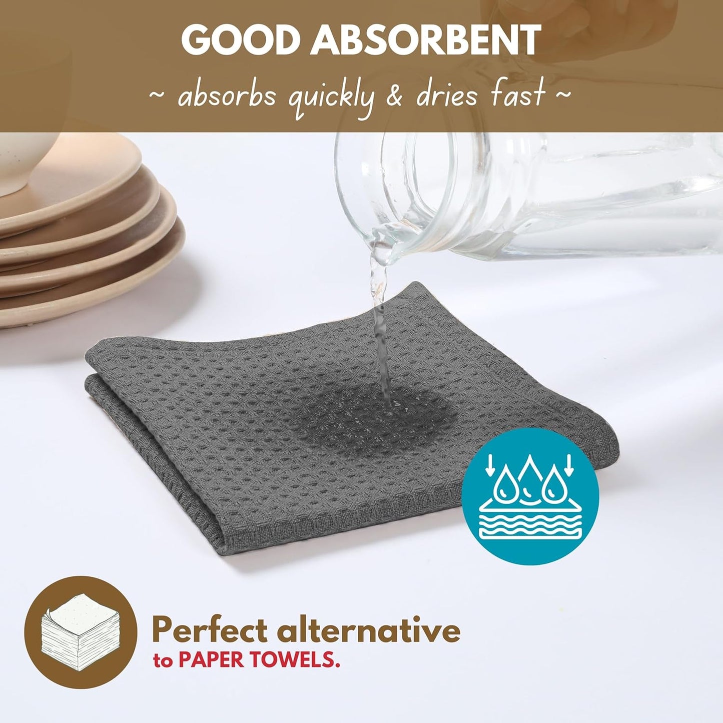 Native Fab 6 Pack Waffle Dish Cloths - 100% Cotton, Absorbent, Quick Dry & Soft Towels for Cleaning, Cooking & Drying Dishes - Perfect for Home, Restaurants, Bars, 12x12 inch - Grey