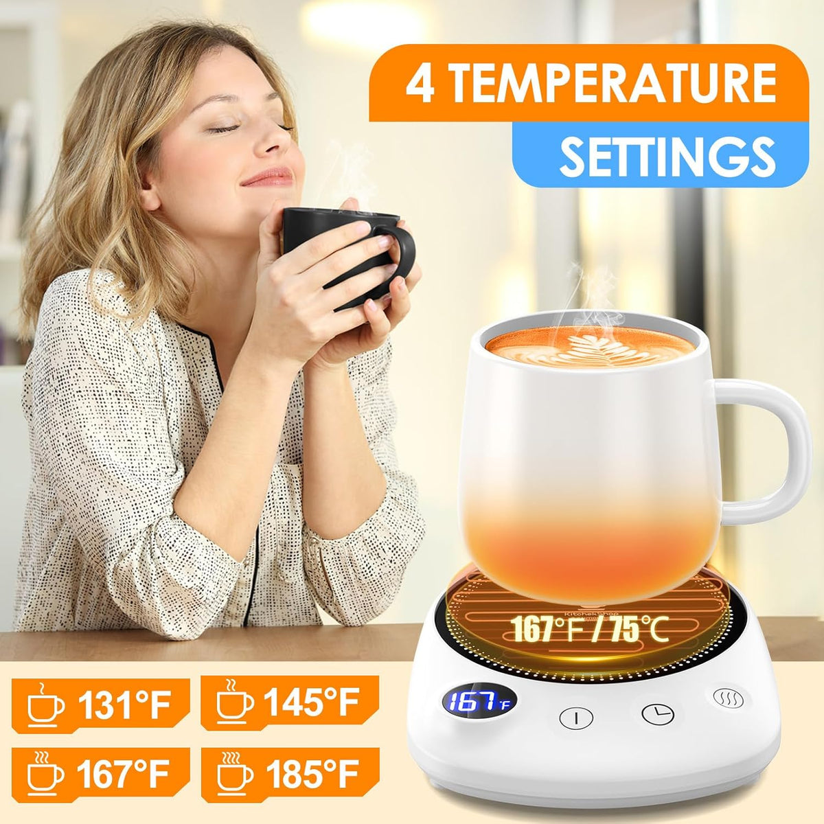 Coffee Mug Warmer - Fastest Heating & Highest Temperature, Coffee Cup Warmer for Desk Auto Shut Off, 4 Temp Settings & 1-12H Timer, Smart Electric Beverage Warmer for Coffee Candle (White)