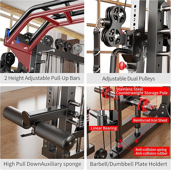 Smith Machine Power Rack Multifunctional Power Cage Deep Squat Rack Cable Crossover System Selectable More Training Attachment for Garage & Home Gym