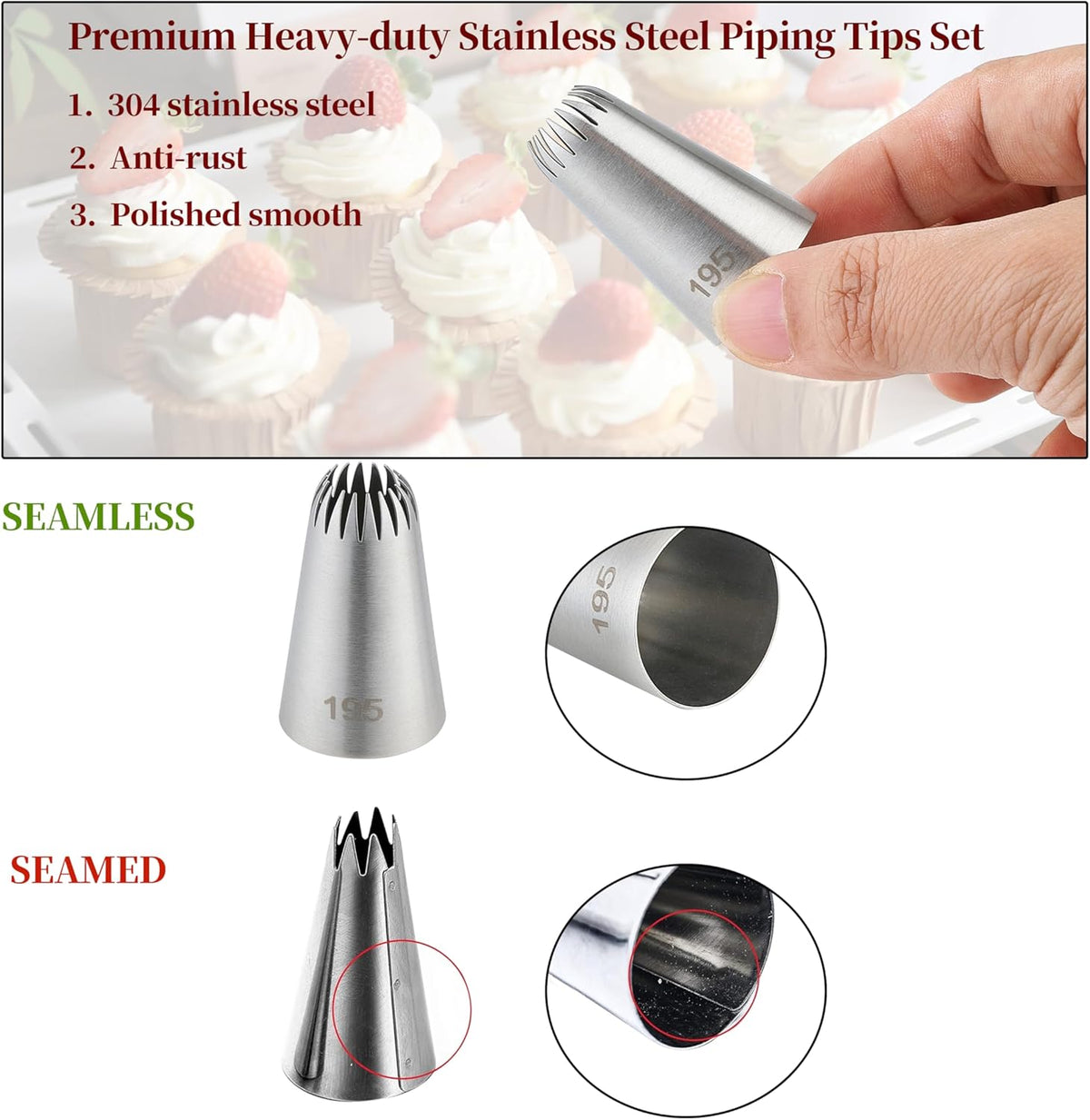 5PCS Large Piping Tips Set, COKUMA Stainless Steel Cake Decorating Tips, Frosting Icing Tips for Cupcakes, Cake, Cookie and Decorating (Dishwasher Safe)