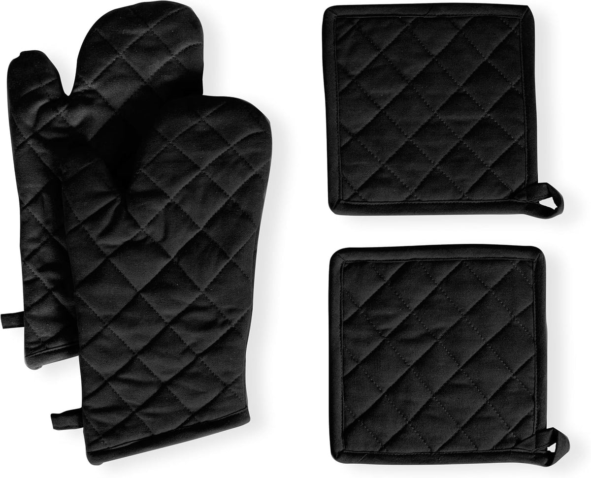 Native Fab Pot Holders and Oven Mitts Sets for Kitchen Heat Resistant - Hanging Non-Slip - 100% Cotton Kitchen Oven Mitts and Pot Holders 4-Piece Set - Black