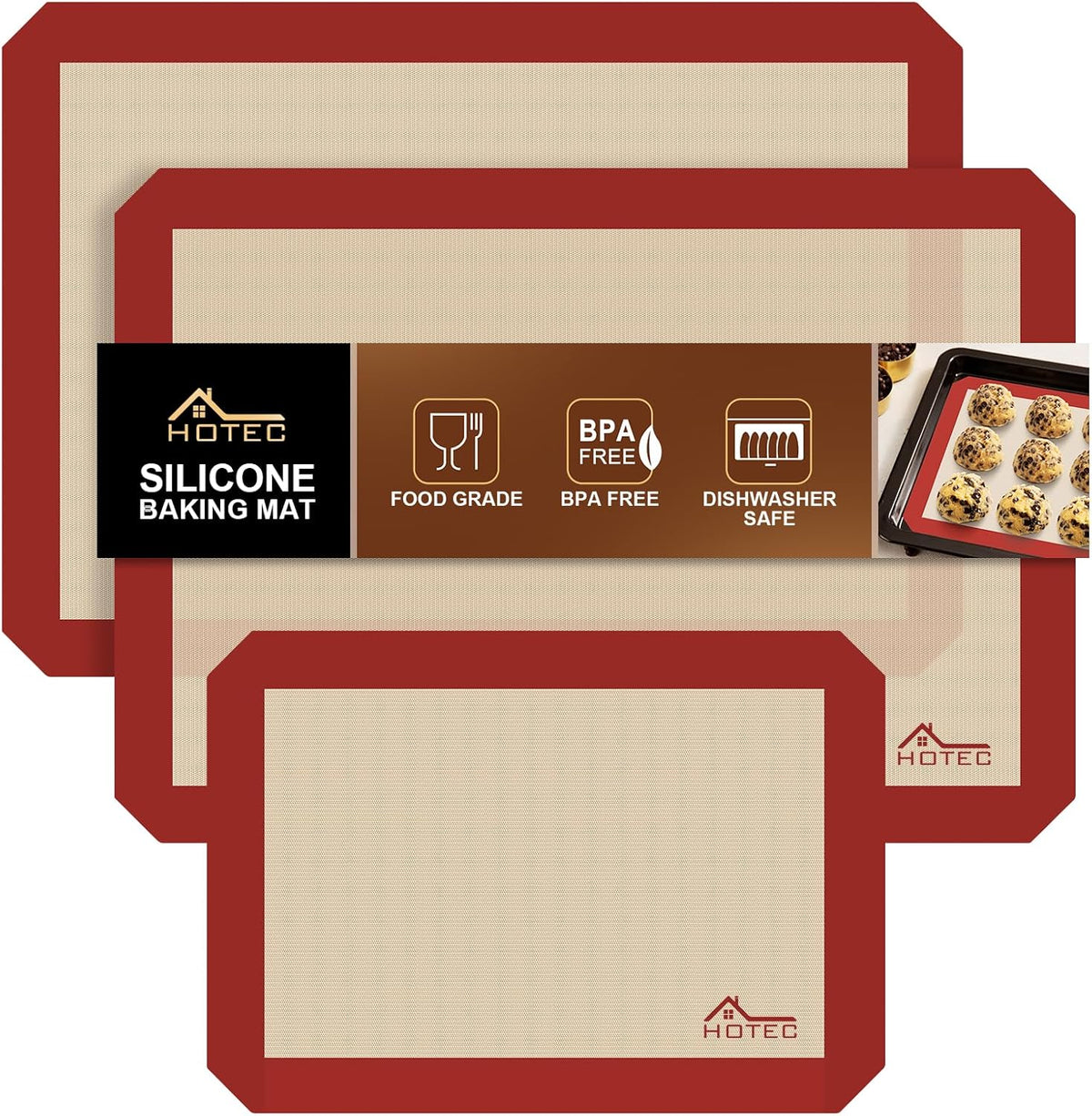 HOTEC Silicone Baking Mats 3 Pack – Non-Stick Reusable Silicone Baking Sheets for Oven – Cookie & Macaron Mats – 2 Half Sheet + 1 Quarter Sheet – BPA-Free, Dishwasher Safe