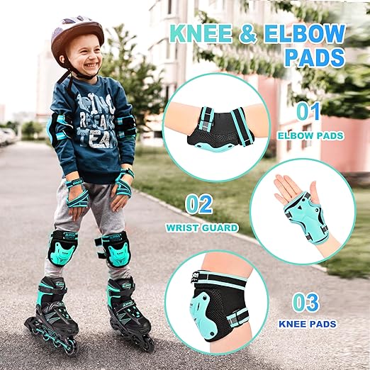 2PM SPORTS Knee Pads for Kids, Wrist Guards Knee and Elbow Pads Set with Drawstring Bag, Protective Gear Set for Girls Boys Roller Skating Cycling Skateboard - Mint Small