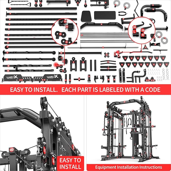 Smith Machine with Cable Crossover System, Multi-Function Power Cage Squat Rack for Home Gym, Power Rack and Packages Weight Sets.