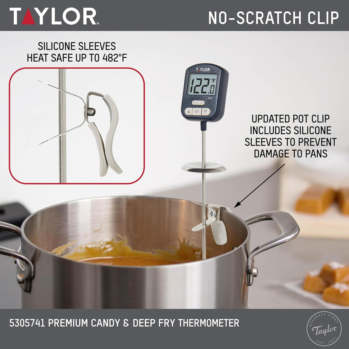 Taylor Digital Premium High Heat Resistant Candy Thermometer, Meat, Deep Fry, Brewing, and Craft Thermometer, with pan/Kettle Clip and Heat Shield, Backlit Display, and Includes 1 CR2032 Battery, Navy