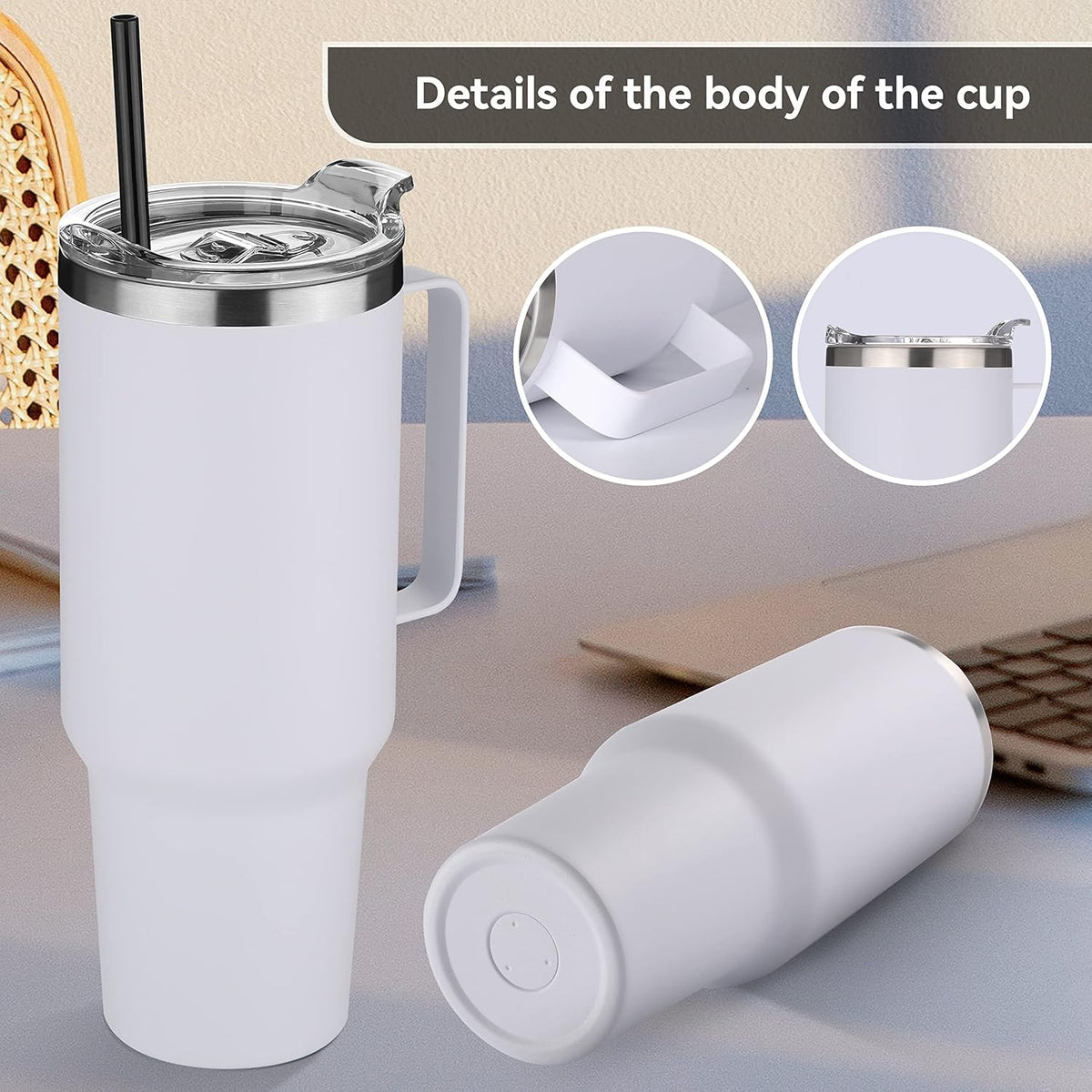 HASLE OUTFITTERS 40 oz Stainless Steel Tumbler with Handle, Vacuum Insulated Tumblers Bulk, Reusable Double Wall Travel Coffee Mug, Durable Powder Coated Water Bottles(White, 4)