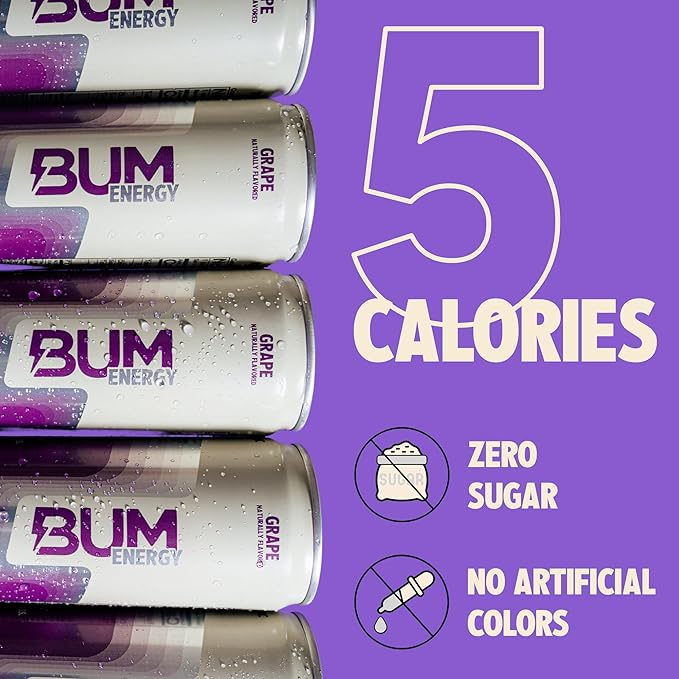 BUM Sugar-Free Energy Drink, Grape - Lightly Carbonated & No Artificial Colors, Natural Caffeine & Citicoline for Energy & Focus, Brain Boost & Workout Sports Beverage - 12 oz, Pack of 12