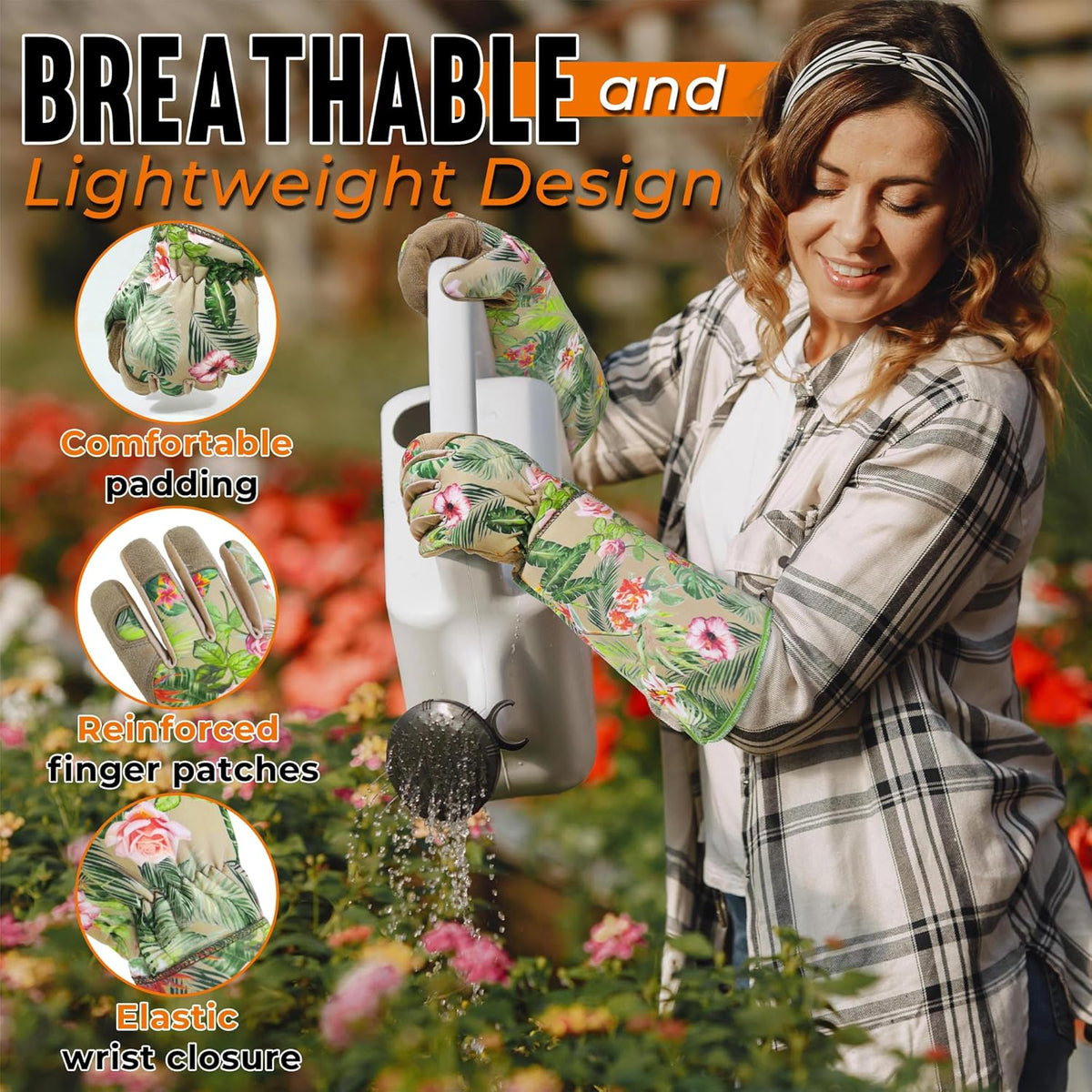 HANDLANDY Leather Gardening Gloves for Women, Scratch Resistant Breathable Ladies Rose Pruning Garden Gauntlet Yard Gloves, Gift for Gardeners (Khaki, L)