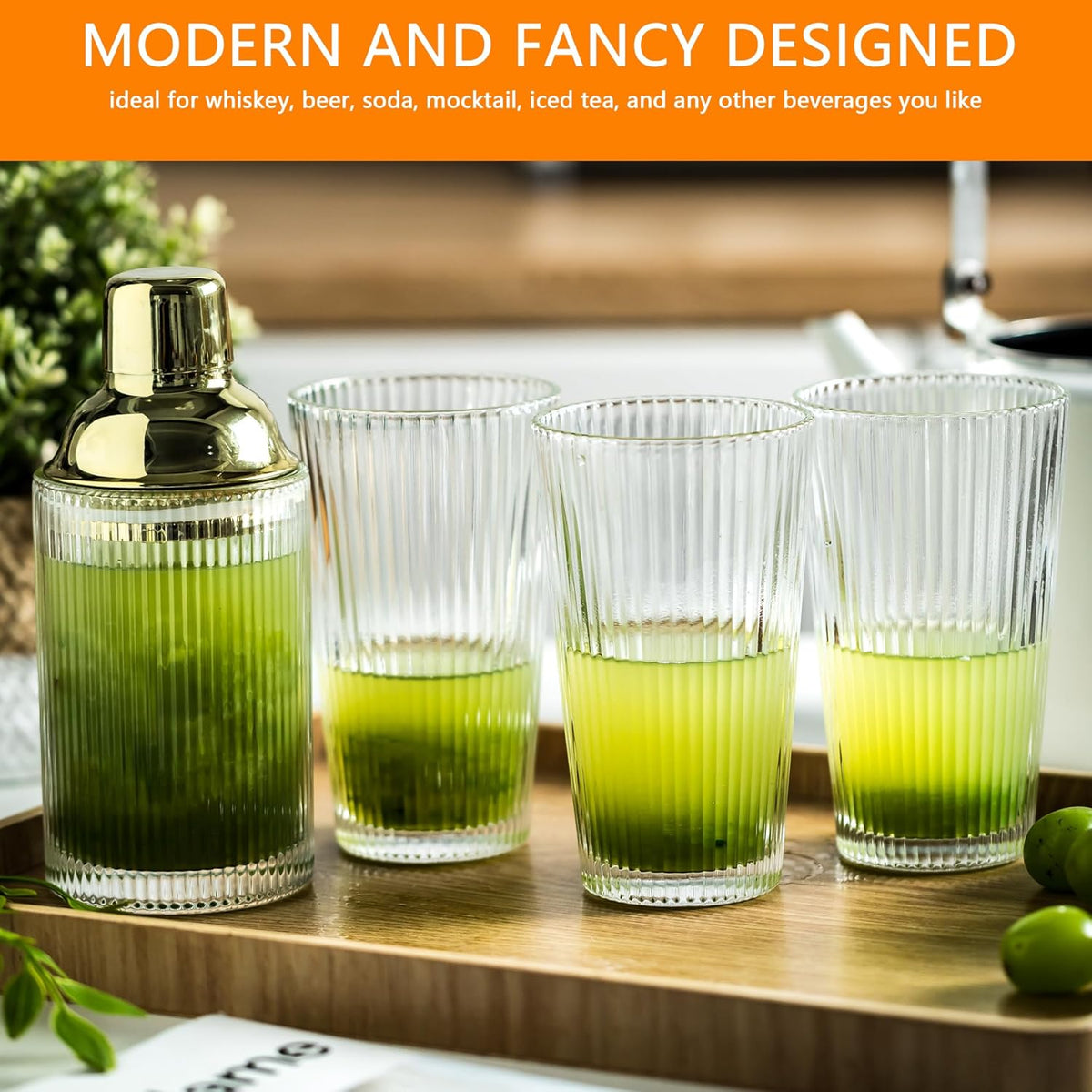 Glass Cocktail Shaker Set with Ribbed Glassware, Lids, and Straws - Elegant Bartender Kit for Whiskey, Cocktails - Dishwasher Safe, Perfect Home Bar Accessory (Glass Shaker + 3 Ribbed Glasses)