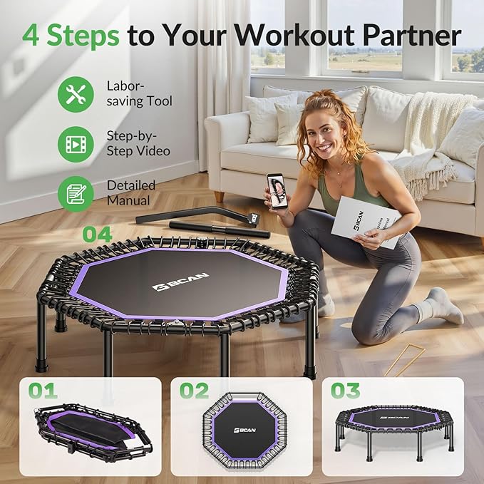 BCAN 51" Octagonal Mini Trampoline, Max Load 450 LBS Fitness Trampoline with T-Adjustable Handle Bar, Silent Bungees, Larger, More Stable, Quieter Exercise Rebounder for Adults Indoor/Garden Workout