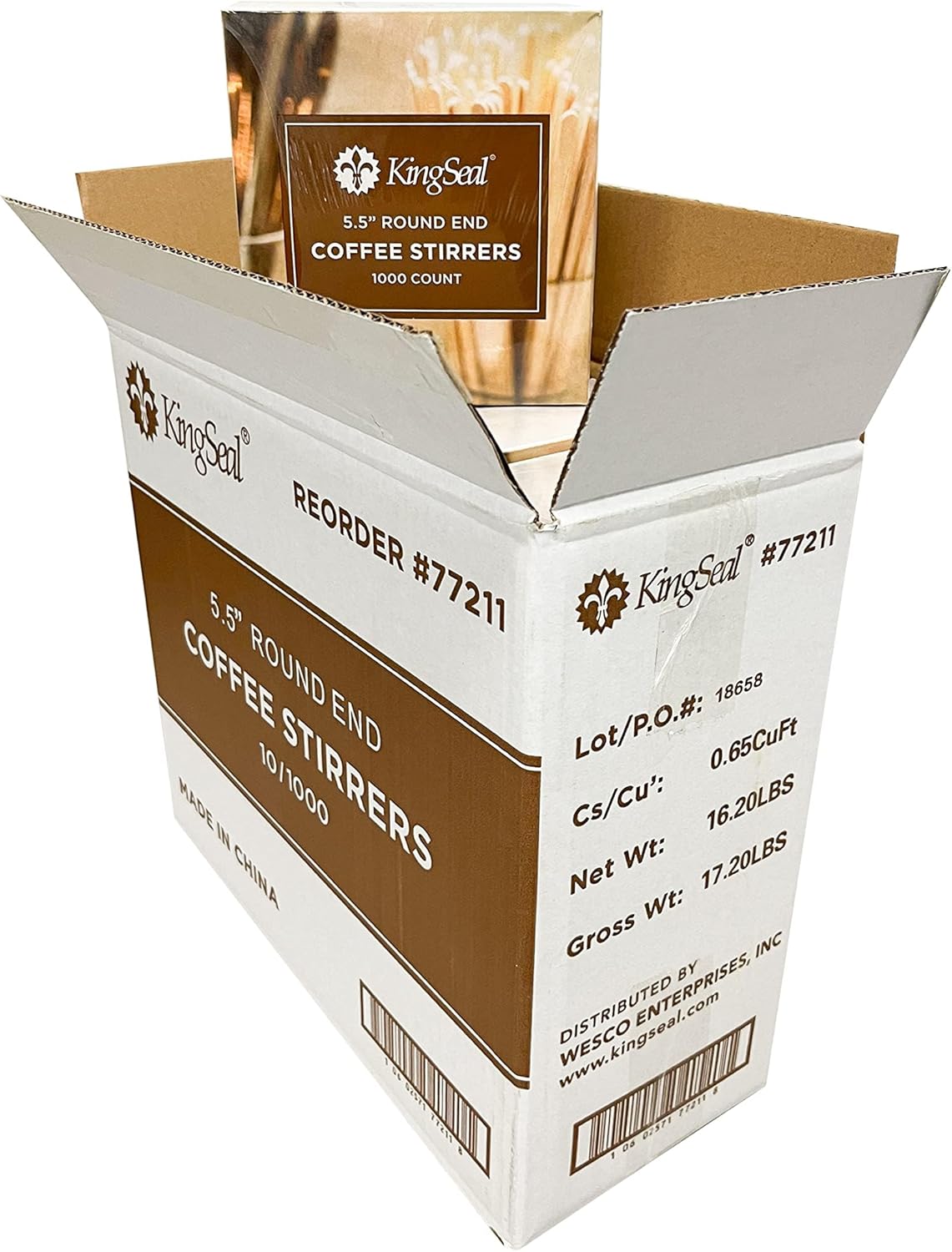 10,000 Count | KingSeal Natural Birch Wood Coffee Beverage Stirrers, Stir Sticks, 5.5 Inches, Round End, Bulk Pack - 10 Boxes x 1000 Stirrers