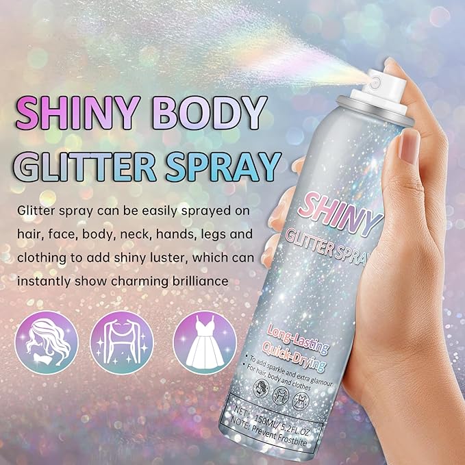 Body Glitter Spray, 150ML Shiny Glitter Spray for Hair Body and Clothes, Long-Lasting Quick-Drying Holographic Ultra Fine Powder Glitter Hairspray for Festival Rave Stage Prom 5.2 Fl Oz