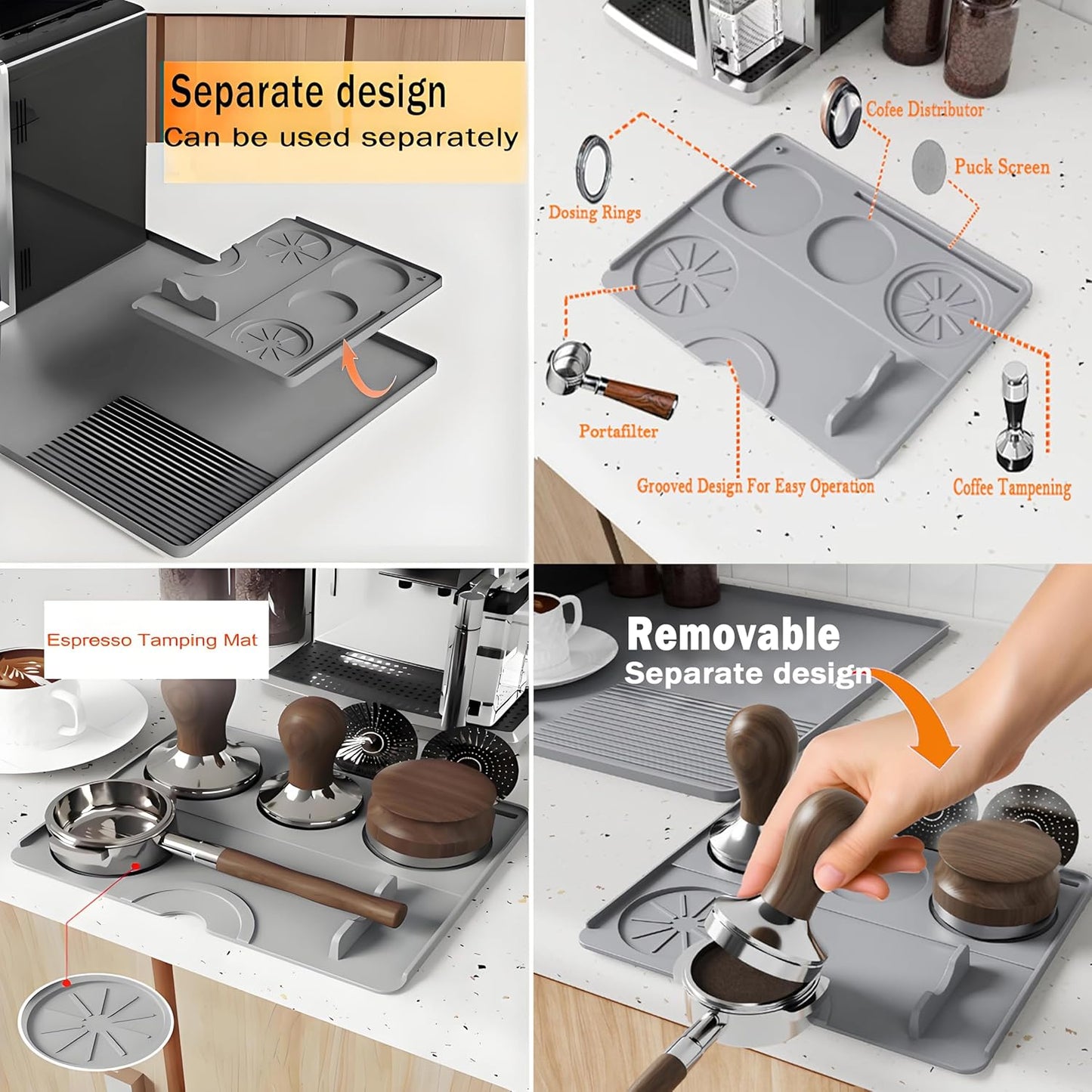 Silicone Coffee Mat With Espresso Tamping Mat for Ninja Luxe Cafe Espresso Machine Accessories, 23.5''x15.7'' Anti-Slip Heat-Resistant Coffee Bar Mat for Countertop -Gray
