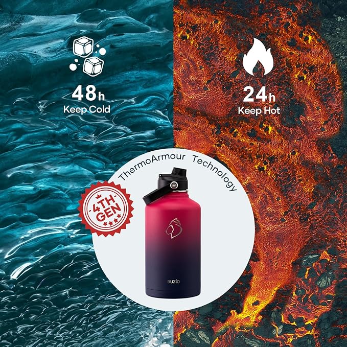 BUZIO 64oz Insulated Water Bottle Stainless Steel Double Wall Leak Proof Half Gallon with Straw Lid and Flex Cap (Cold for 48 Hrs) Sports Flask Metal Travel Mug for Hiking Cycling, Ruby Red Navy