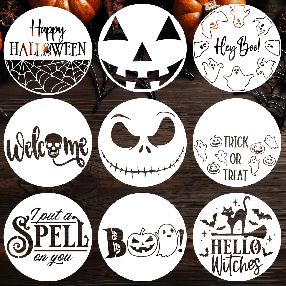 Halloween Stencils for Painting on Wood 12” Round Halloween Stencil Hey Boo Trick or Treat Ghost Pumpkin Face Templates for Door Hanger Porch Sign