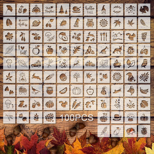 100 Pcs Stencils for Painting on Wood Reusable Stencil Crafts Drawing Templates Holiday Wall Paper for DIY Scrapbook Home 2 x 2 Inch(Maple, Pumpkin)