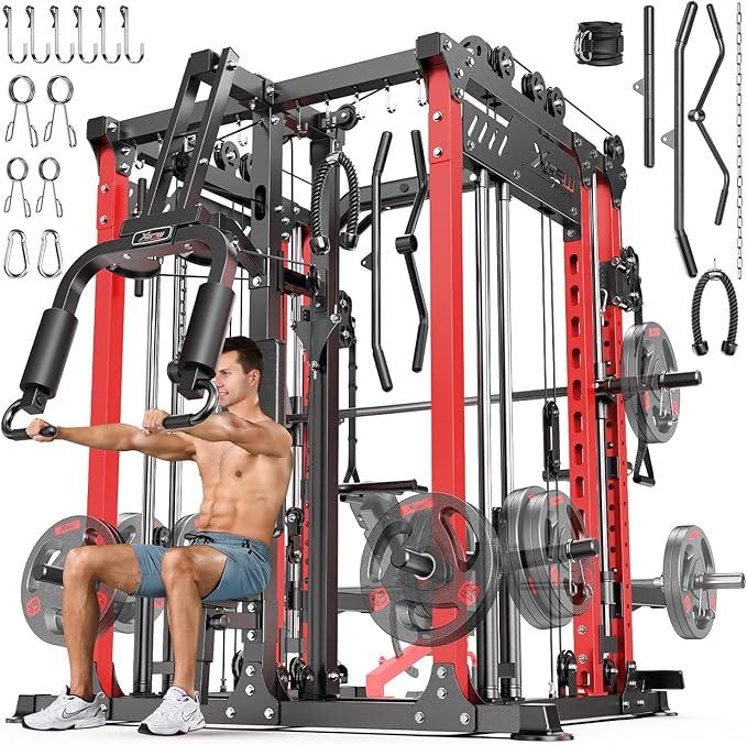 Smith Machine with Cable Crossover System, Multi-Function Power Cage Squat Rack for Home Gym, Power Rack and Packages Weight Sets.