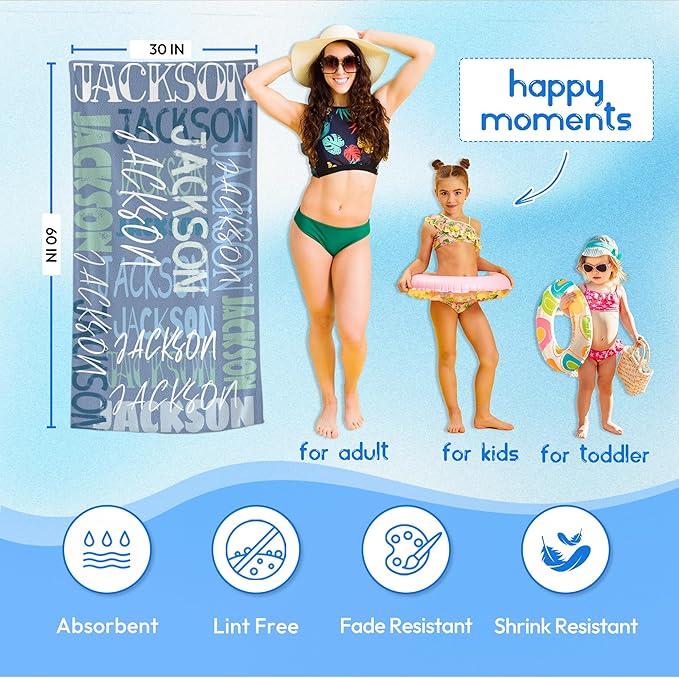 JML Personalized Beach Towel with Name, Custom Beach Towel with Name, Customized Microfiber Pool Towel, Quick Dry & Absorbent Swim Towel for Adult,Anniversary, Birthday, Summer Holiday,Vacation