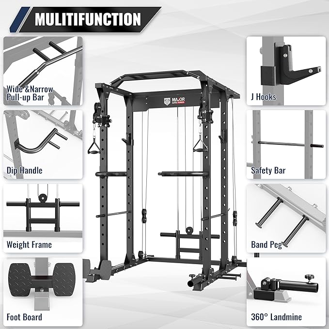 MAJOR FITNESS PLM03 Power Rack - 1400LBS Home Gym with Cable Crossover, Pull-Up Bar & Landmine, Strength Training Equipment