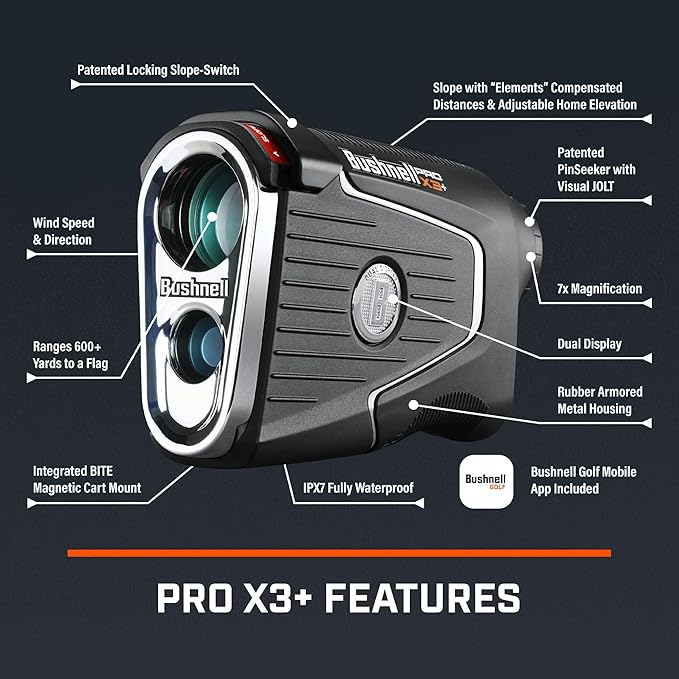 Bushnell Pro X3+ Golf Rangefinder with Wind Speed and Direction,1300 Yard Range,7X Magnification, Pin Locking with Visual Jolt