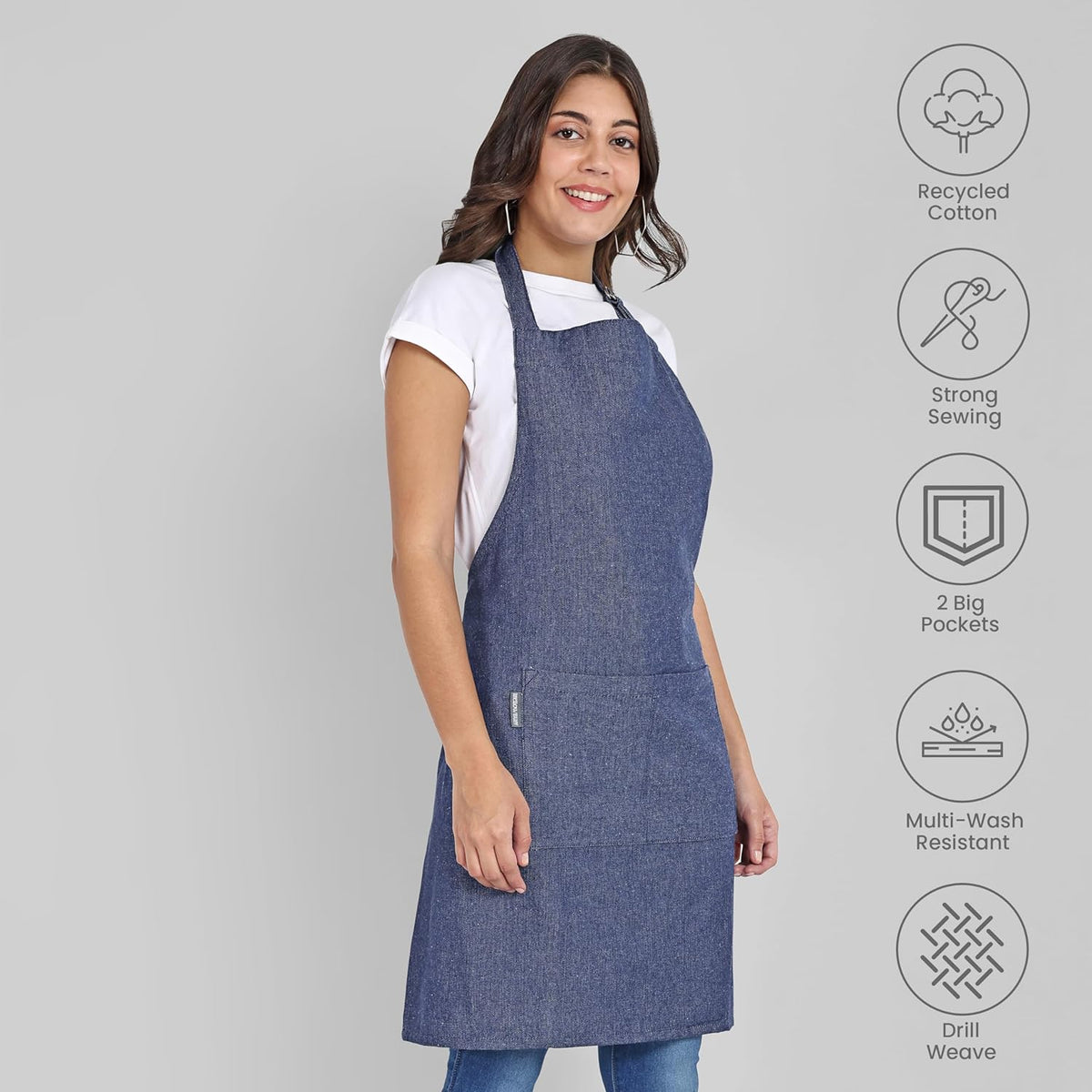 Chef Apron, Recycled Cotton Kitchen Apron with an Adjustable Neck with Long Ties, for cooking, baking