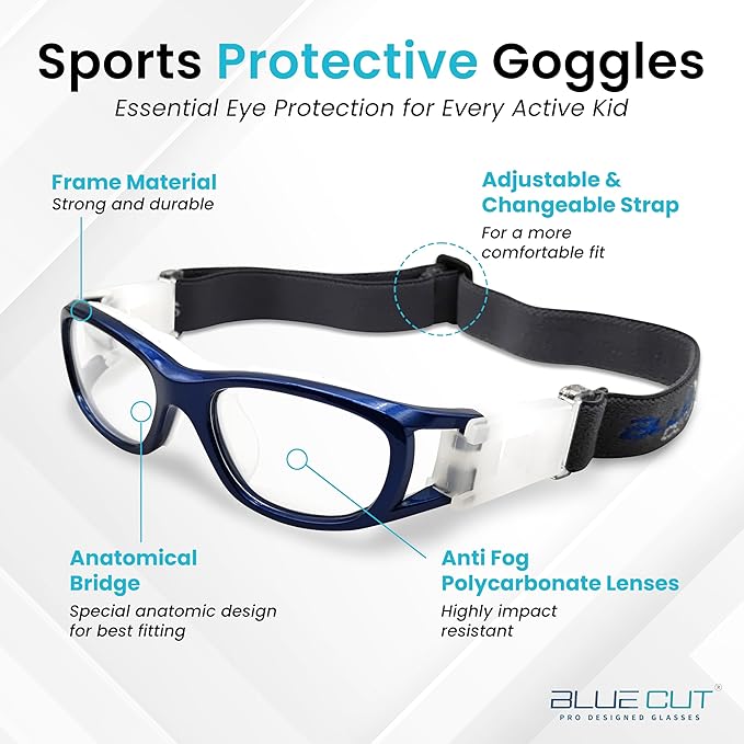 BLUE CUT Safety Basketball Goggles For Kids for Outdoor Sports Activities Anti Fog Replaceable to Prescription Lenses