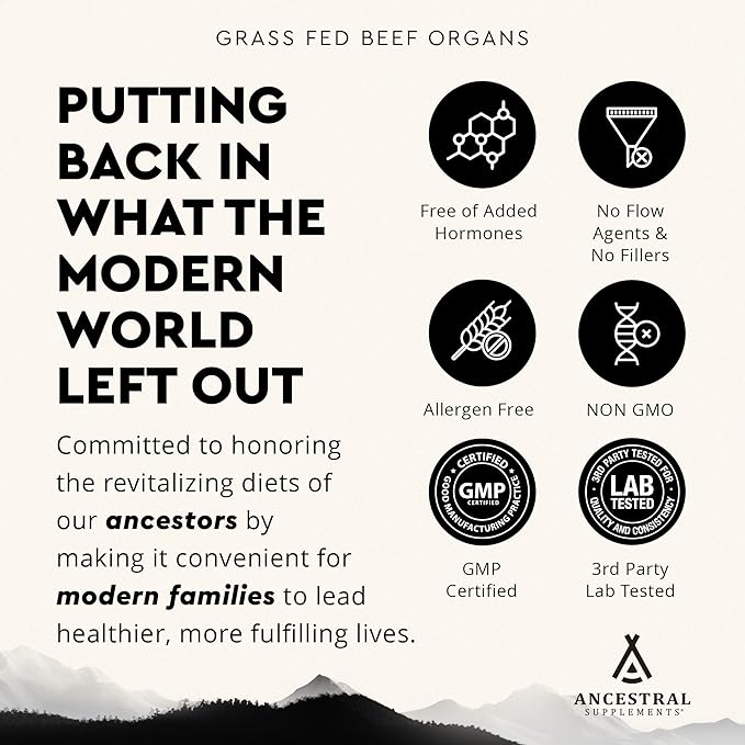 Ancestral Supplements Grass Fed Beef Organ Supplement, Supports Whole Body Wellness with Proprietary Blend of Liver, Heart, Kidney, Pancreas, Spleen, Freeze-Dried Beef, Non-GMO, 180 Capsules